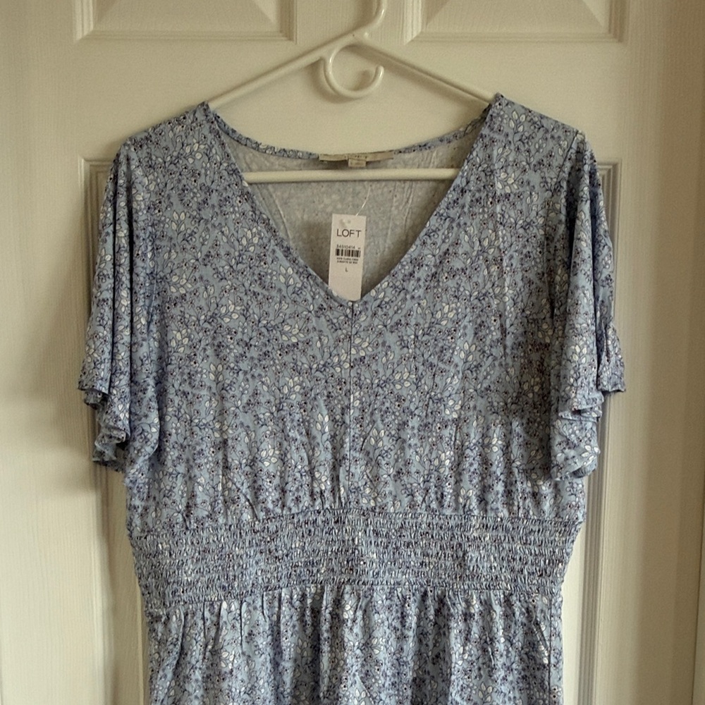 NWT LOFT Blue Ditsy Floral Smocked Mini Dress - Picture 3 of 11